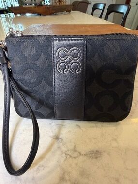 Coach Black Signature Canvas Wristlet with Leather Stripe